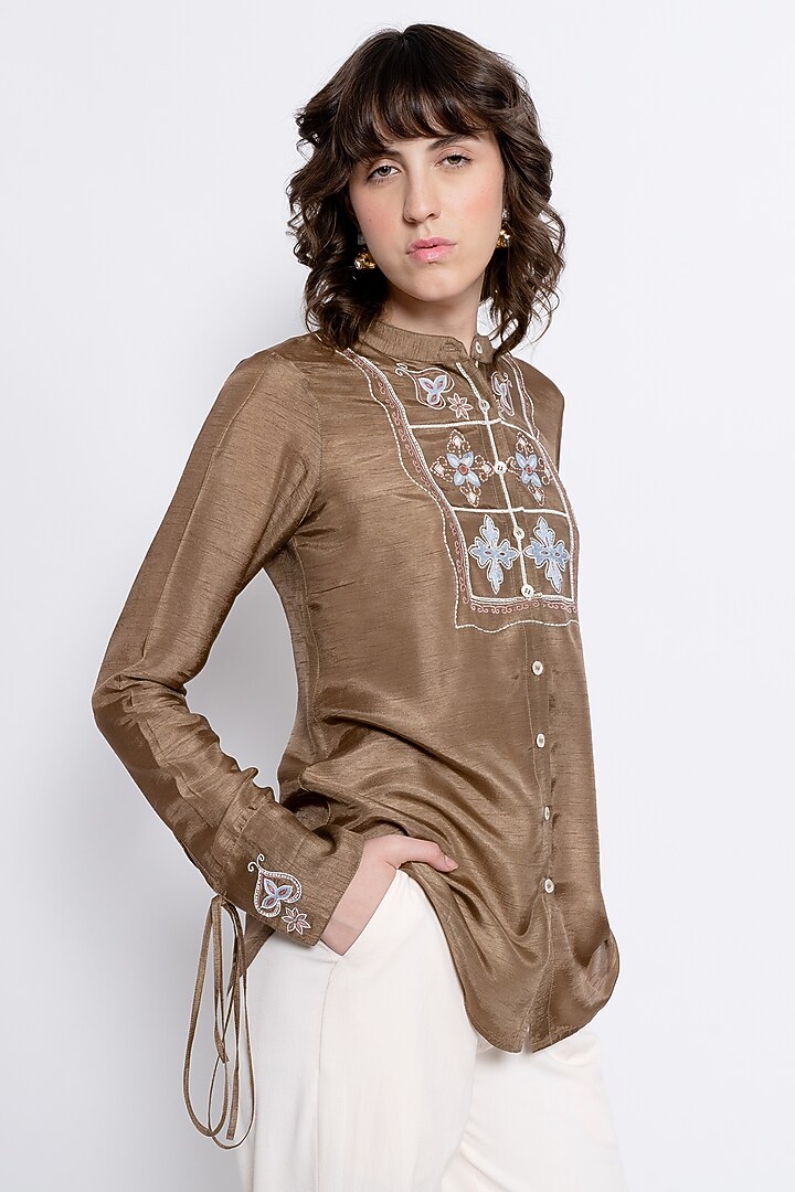 Brown & Ivory Viscose Embroidered Co-Ord Set by Love Kiki at Pernia's Pop Up Shop