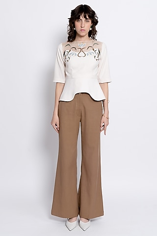 Ivory & Brown Premium Crepe Embroidered Co-Ord Set by Love Kiki