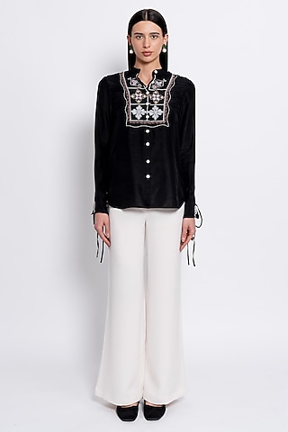 Black & Ivory Viscose Embroidered Co-Ord Set by Love Kiki