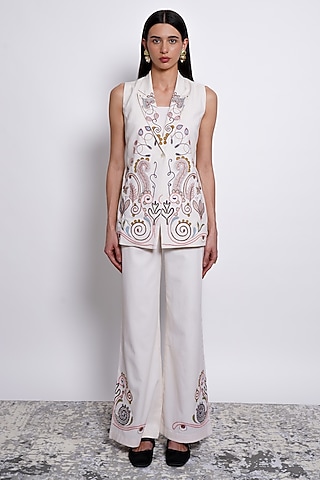 Ivory Tencel Embroidered Blazer Set by Love Kiki