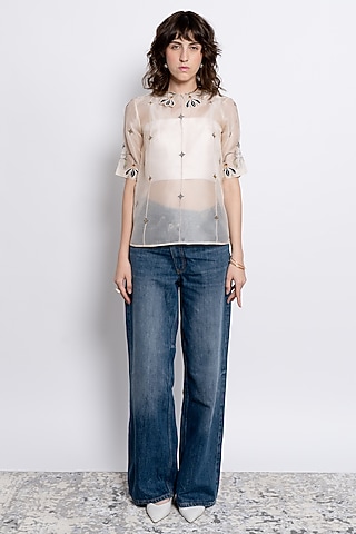 Ivory Silk Organza Embroidered Shirt by Love Kiki