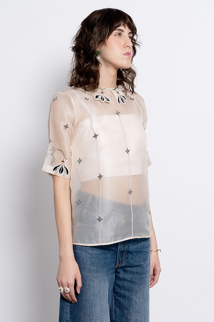 Ivory Silk Organza Embroidered Shirt by Love Kiki at Pernia's Pop Up Shop