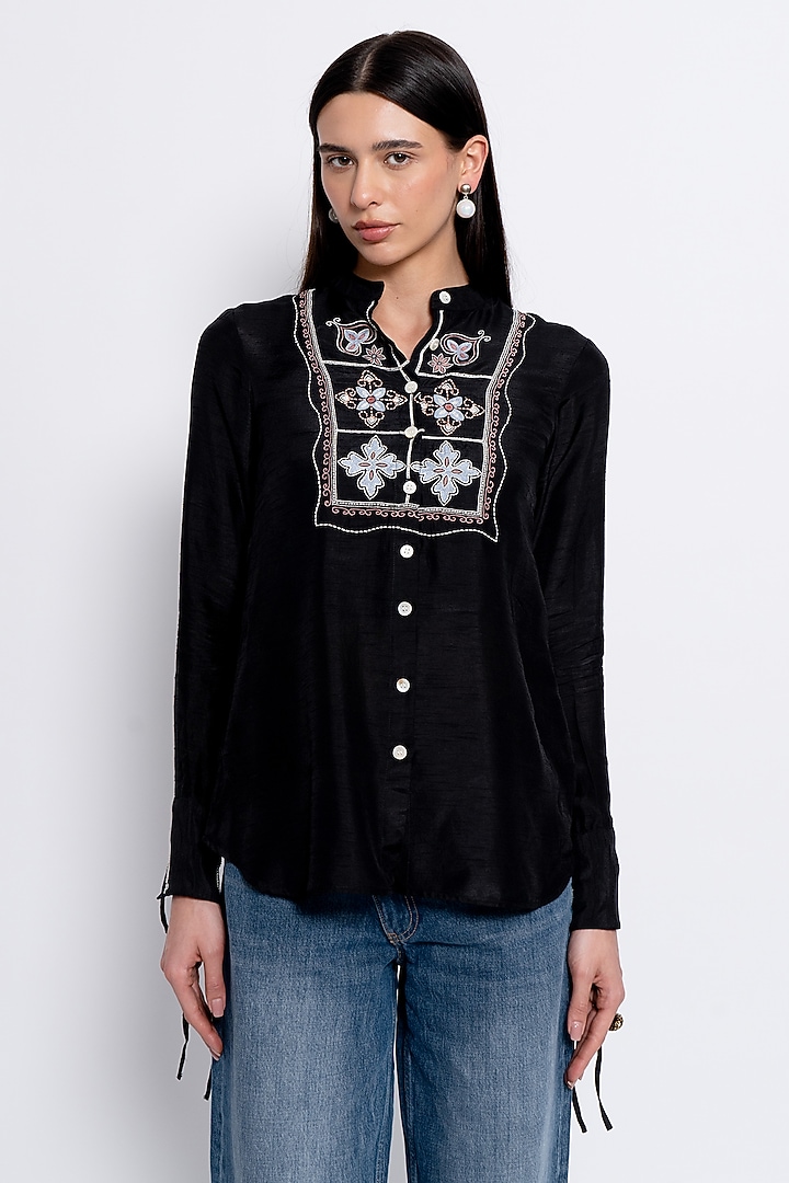 Black Viscose Embroidered Shirt by Love Kiki at Pernia's Pop Up Shop