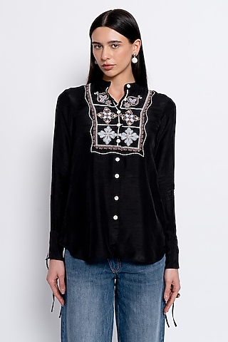 Black Viscose Embroidered Shirt by Love Kiki