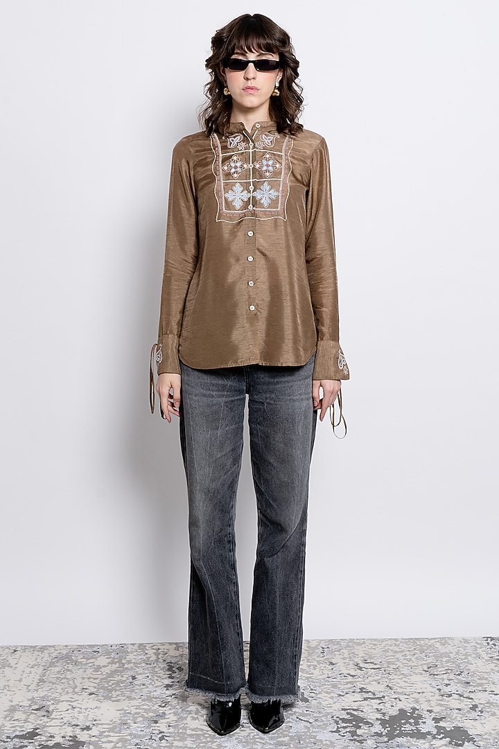 Brown Viscose Embroidered Shirt by Love Kiki at Pernia's Pop Up Shop