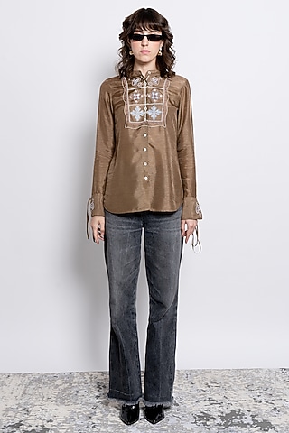 Brown Viscose Embroidered Shirt by Love Kiki