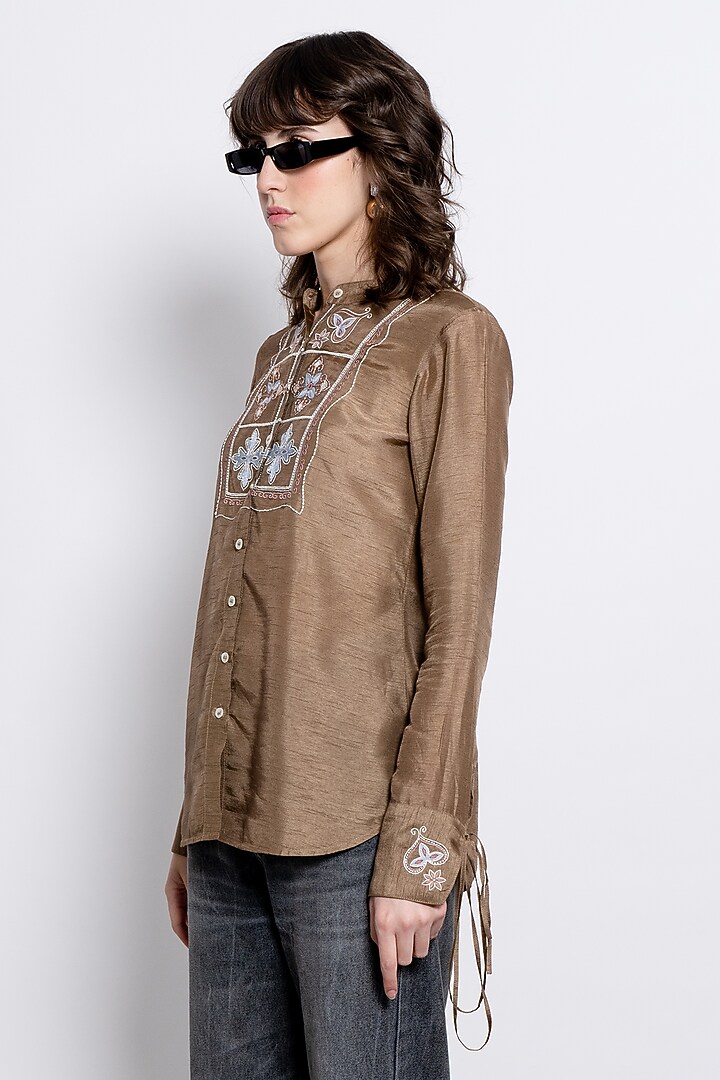 Brown Viscose Embroidered Shirt by Love Kiki at Pernia's Pop Up Shop