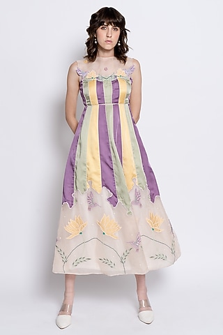Multi-Colored Viscose Satin Floral Embroidered Dress by Love Kiki
