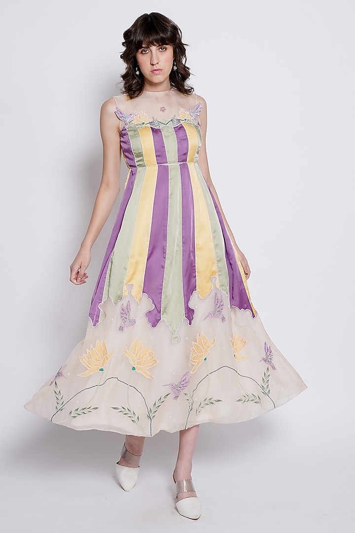 Multi-Colored Viscose Satin Floral Embroidered Vacation Dress by Love Kiki at Pernia's Pop Up Shop