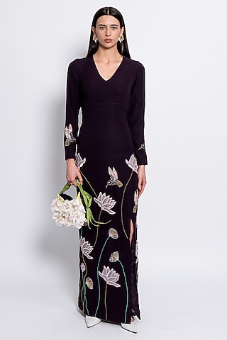 Burgundy Premium Crepe Floral Embroidered Gown by Love Kiki
