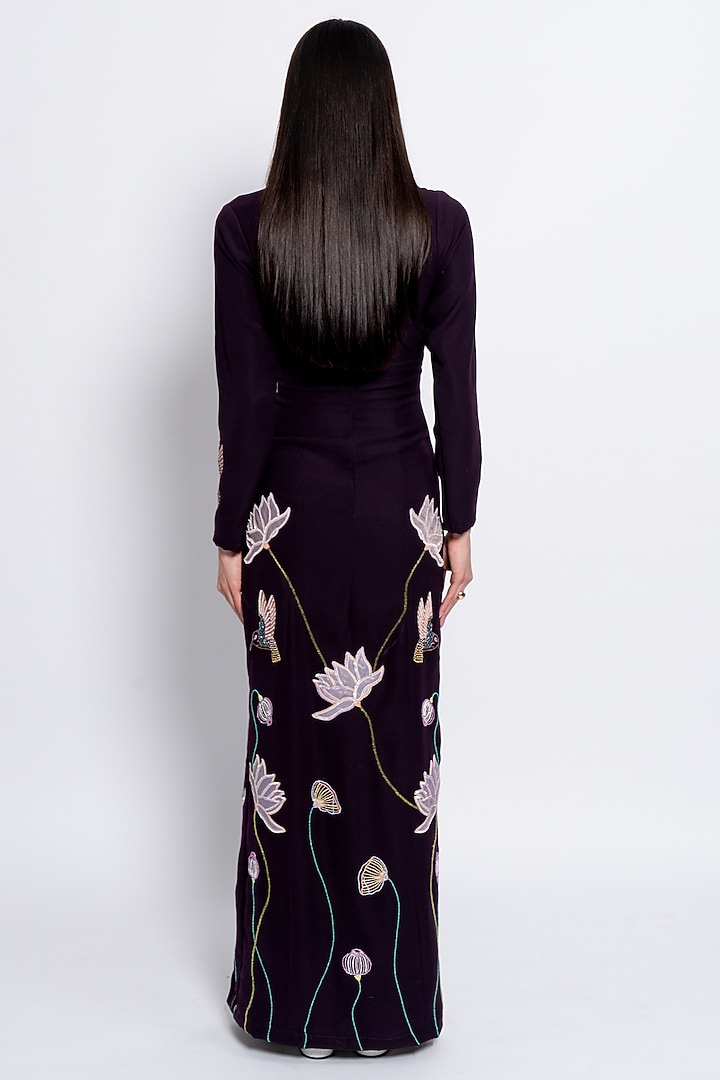 Burgundy Premium Crepe Floral Embroidered Party Wear Gown by Love Kiki at Pernia's Pop Up Shop