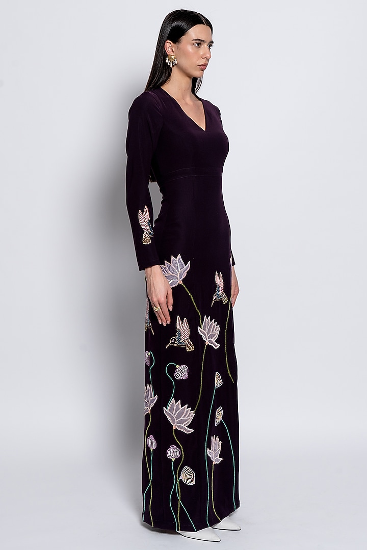Burgundy Premium Crepe Floral Embroidered Party Wear Gown by Love Kiki at Pernia's Pop Up Shop