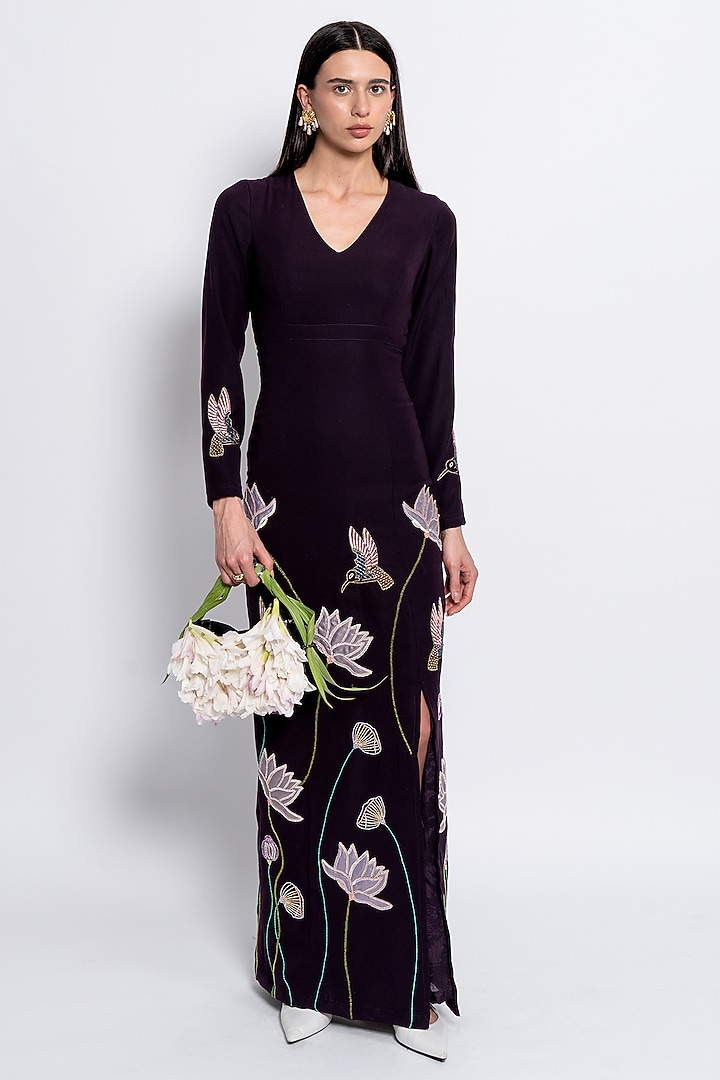 Burgundy Premium Crepe Floral Embroidered Party Wear Gown by Love Kiki at Pernia's Pop Up Shop