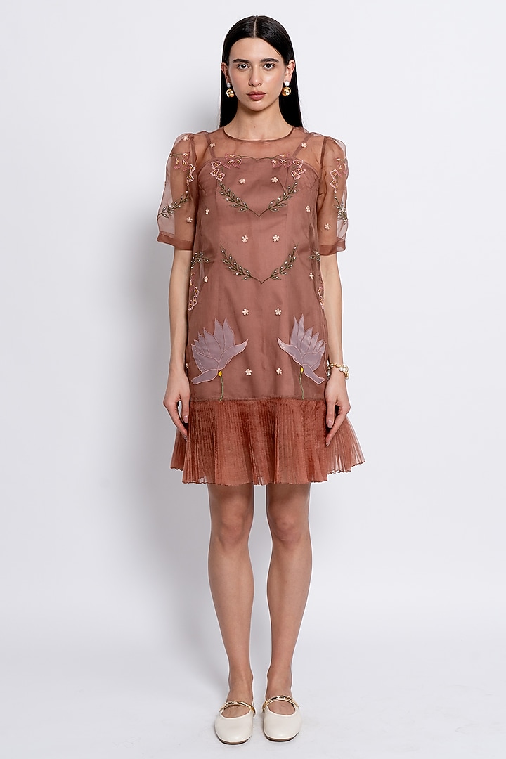 Mocha Brown Silk Organza Floral Motif Embroidered Vacation Dress by Love Kiki at Pernia's Pop Up Shop