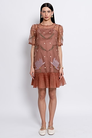 Mocha Brown Silk Organza Floral Motif Embroidered Dress by Love Kiki