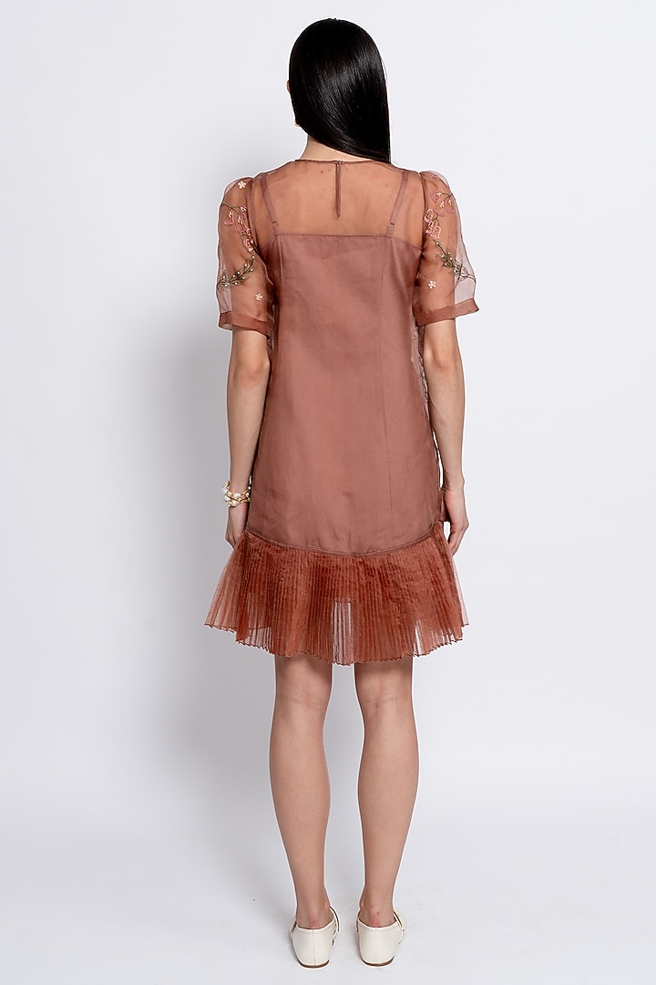 Mocha Brown Silk Organza Floral Motif Embroidered Vacation Dress by Love Kiki at Pernia's Pop Up Shop