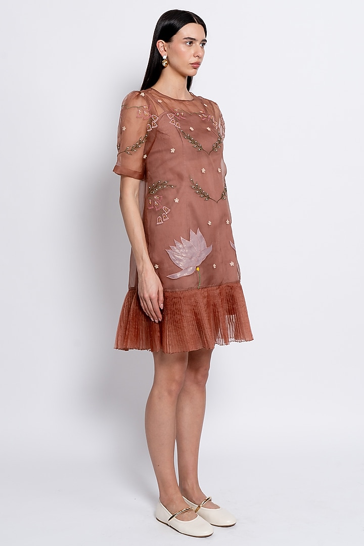 Mocha Brown Silk Organza Floral Motif Embroidered Vacation Dress by Love Kiki at Pernia's Pop Up Shop