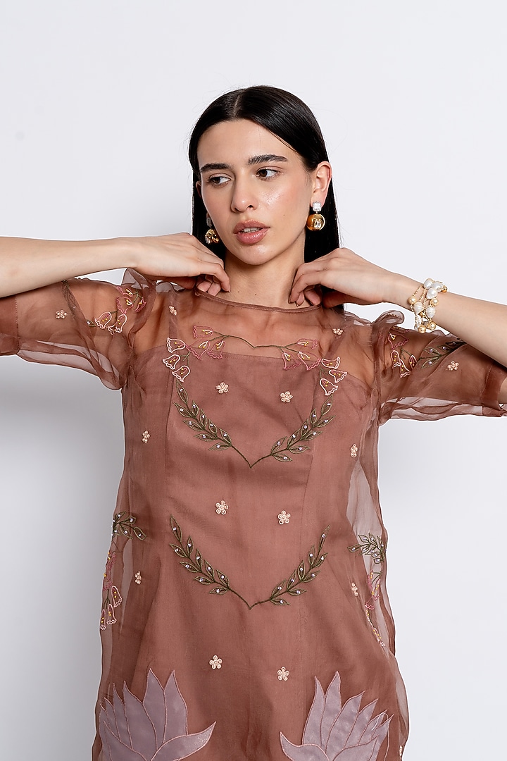 Mocha Brown Silk Organza Floral Motif Embroidered Vacation Dress by Love Kiki at Pernia's Pop Up Shop