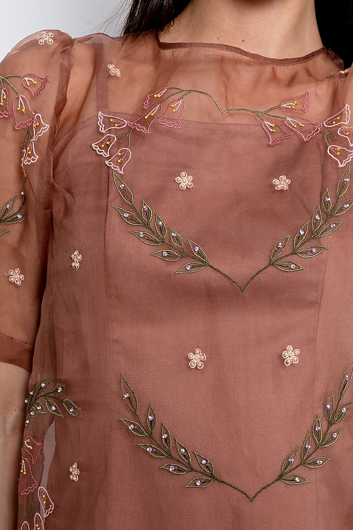 Mocha Brown Silk Organza Floral Motif Embroidered Vacation Dress by Love Kiki at Pernia's Pop Up Shop
