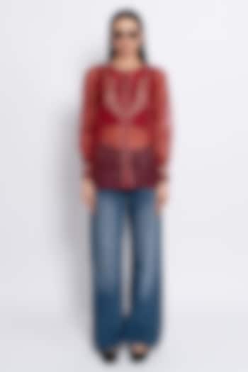 Crimson Red Sheer Silk Organza Floral Embroidered Top by Love Kiki at Pernia's Pop Up Shop