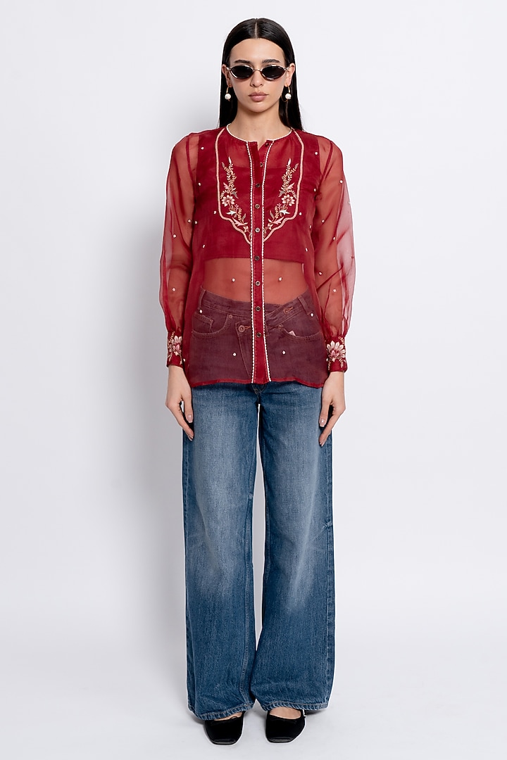 Crimson Red Sheer Silk Organza Floral Embroidered Top by Love Kiki at Pernia's Pop Up Shop