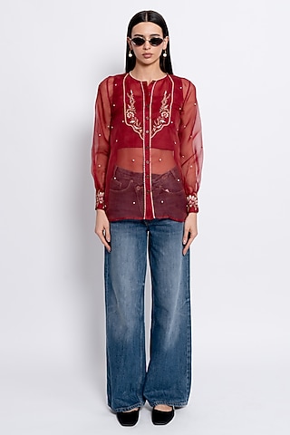 Crimson Red Sheer Silk Organza Floral Embroidered Top by Love Kiki