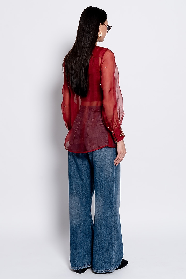 Crimson Red Sheer Silk Organza Floral Embroidered Top by Love Kiki at Pernia's Pop Up Shop