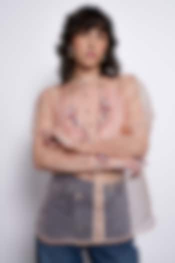 Rosette Peach Sheer Silk Organza Floral Embroidered Top by Love Kiki at Pernia's Pop Up Shop