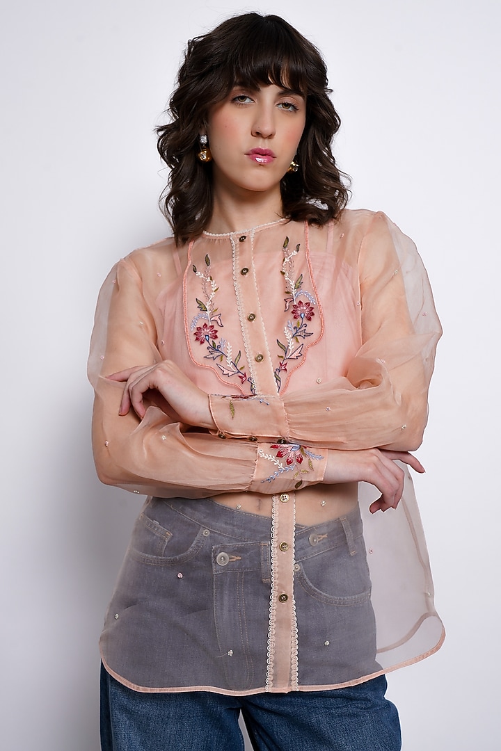 Rosette Peach Sheer Silk Organza Floral Embroidered Top by Love Kiki at Pernia's Pop Up Shop
