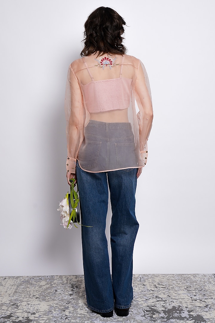 Rosette Peach Sheer Silk Organza Floral Embroidered Top by Love Kiki at Pernia's Pop Up Shop