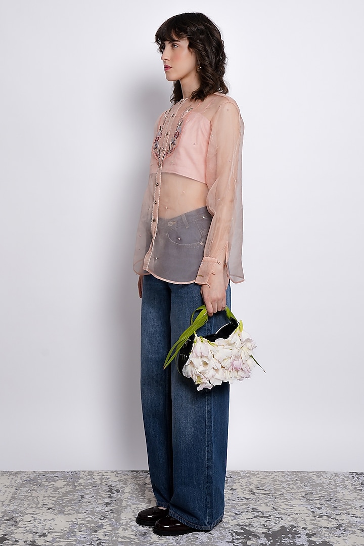 Rosette Peach Sheer Silk Organza Floral Embroidered Top by Love Kiki at Pernia's Pop Up Shop