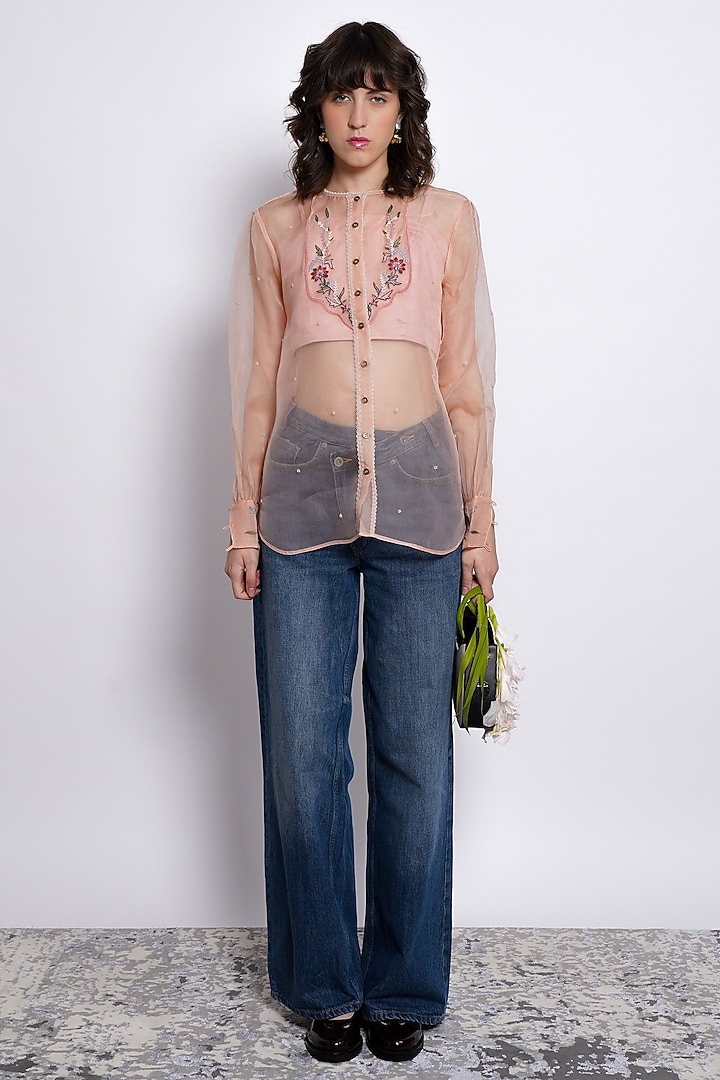 Rosette Peach Sheer Silk Organza Floral Embroidered Top by Love Kiki at Pernia's Pop Up Shop