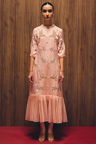 Pink Satin Organza & Organza Embroidered A-Line Dress by Love Kiki