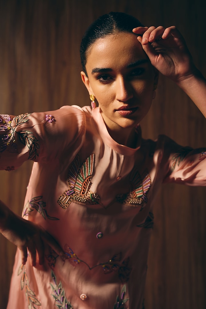 Pink Satin Organza & Organza Embroidered A-Line Vacation Dress by Love Kiki at Pernia's Pop Up Shop