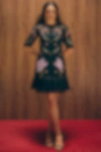 Black Satin Organza & Organza Embroidered Knee-Length Vacation Dress by Love Kiki at Pernia's Pop Up Shop