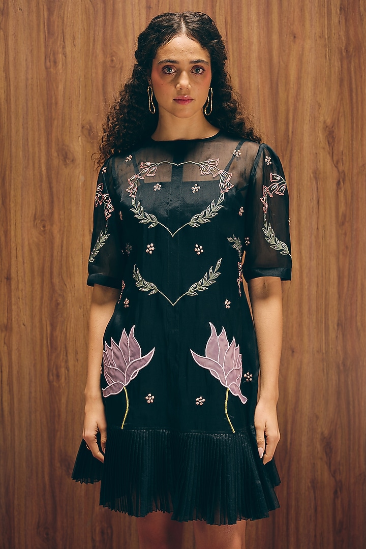 Black Satin Organza & Organza Embroidered Knee-Length Vacation Dress by Love Kiki at Pernia's Pop Up Shop