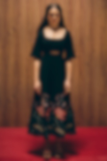 Black Silk Organza & Premium Crepe Embroidered A-Line Vacation Dress by Love Kiki at Pernia's Pop Up Shop