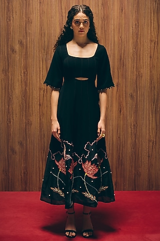 Black Silk Organza & Premium Crepe Embroidered A-Line Dress by Love Kiki