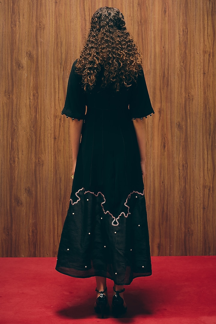 Black Silk Organza & Premium Crepe Embroidered A-Line Vacation Dress by Love Kiki at Pernia's Pop Up Shop