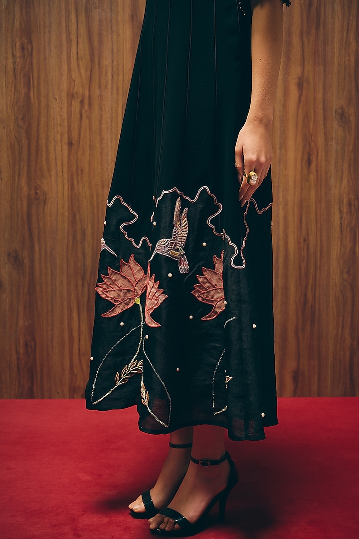 Black Silk Organza & Premium Crepe Embroidered A-Line Vacation Dress by Love Kiki at Pernia's Pop Up Shop