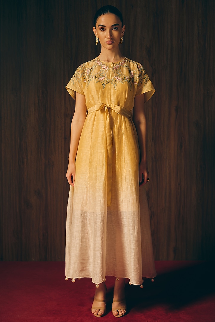 Yellow-Golden Silk Linen Machine Embroidered Ombre Vacation Dress by Love Kiki at Pernia's Pop Up Shop