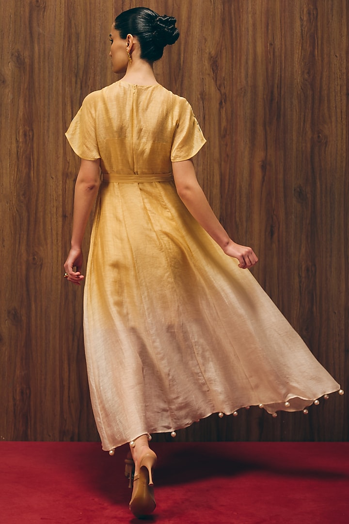 Yellow-Golden Silk Linen Machine Embroidered Ombre Vacation Dress by Love Kiki at Pernia's Pop Up Shop