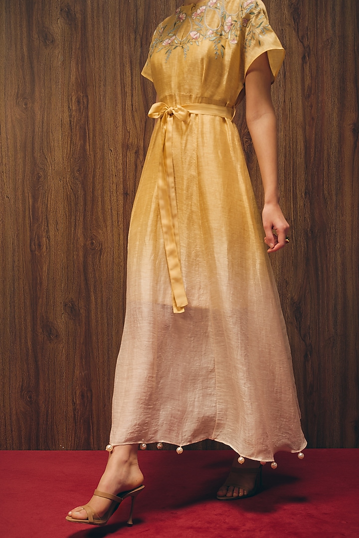 Yellow-Golden Silk Linen Machine Embroidered Ombre Vacation Dress by Love Kiki at Pernia's Pop Up Shop