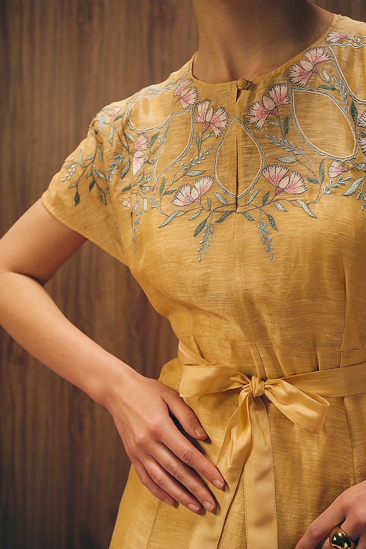 Yellow-Golden Silk Linen Machine Embroidered Ombre Vacation Dress by Love Kiki at Pernia's Pop Up Shop