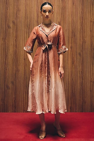 Rosewood Silk Linen Hand & Machine Embroidered Dress by Love Kiki