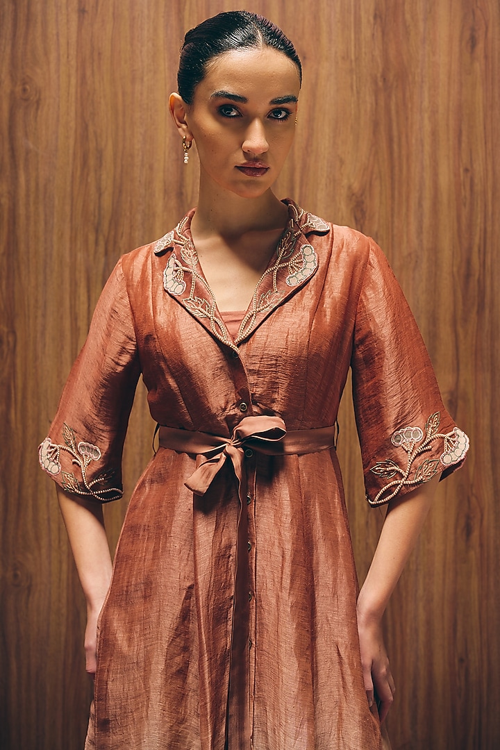 Rosewood Silk Linen Hand & Machine Embroidered Vacation Dress by Love Kiki at Pernia's Pop Up Shop