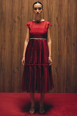 Carmine Red Silk & Organza Dress by Love Kiki