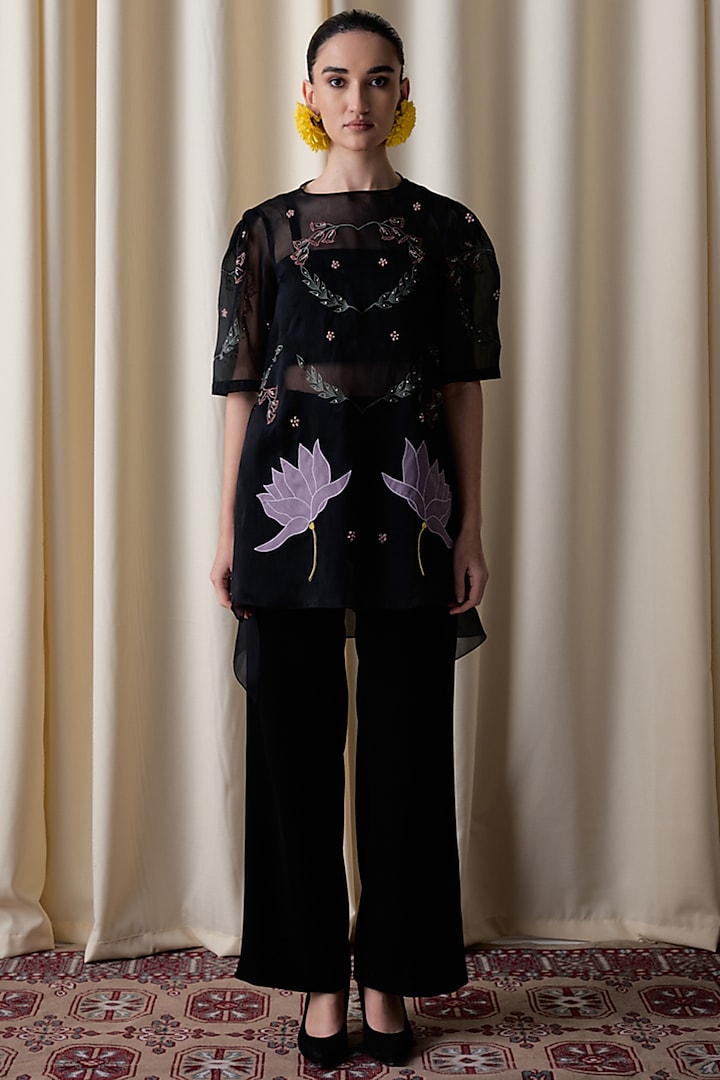 Black Silk Organza Embroidered Co-Ord Set by Love Kiki at Pernia's Pop Up Shop