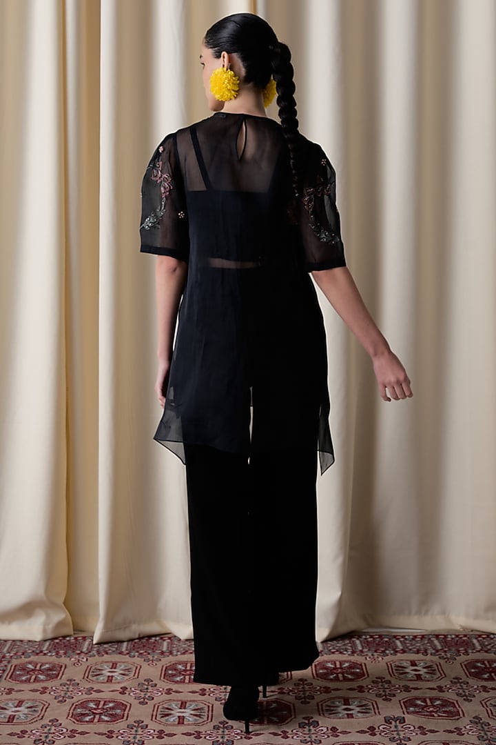 Black Silk Organza Embroidered Co-Ord Set by Love Kiki at Pernia's Pop Up Shop