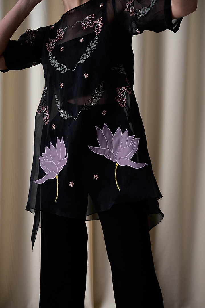 Black Silk Organza Embroidered Co-Ord Set by Love Kiki at Pernia's Pop Up Shop